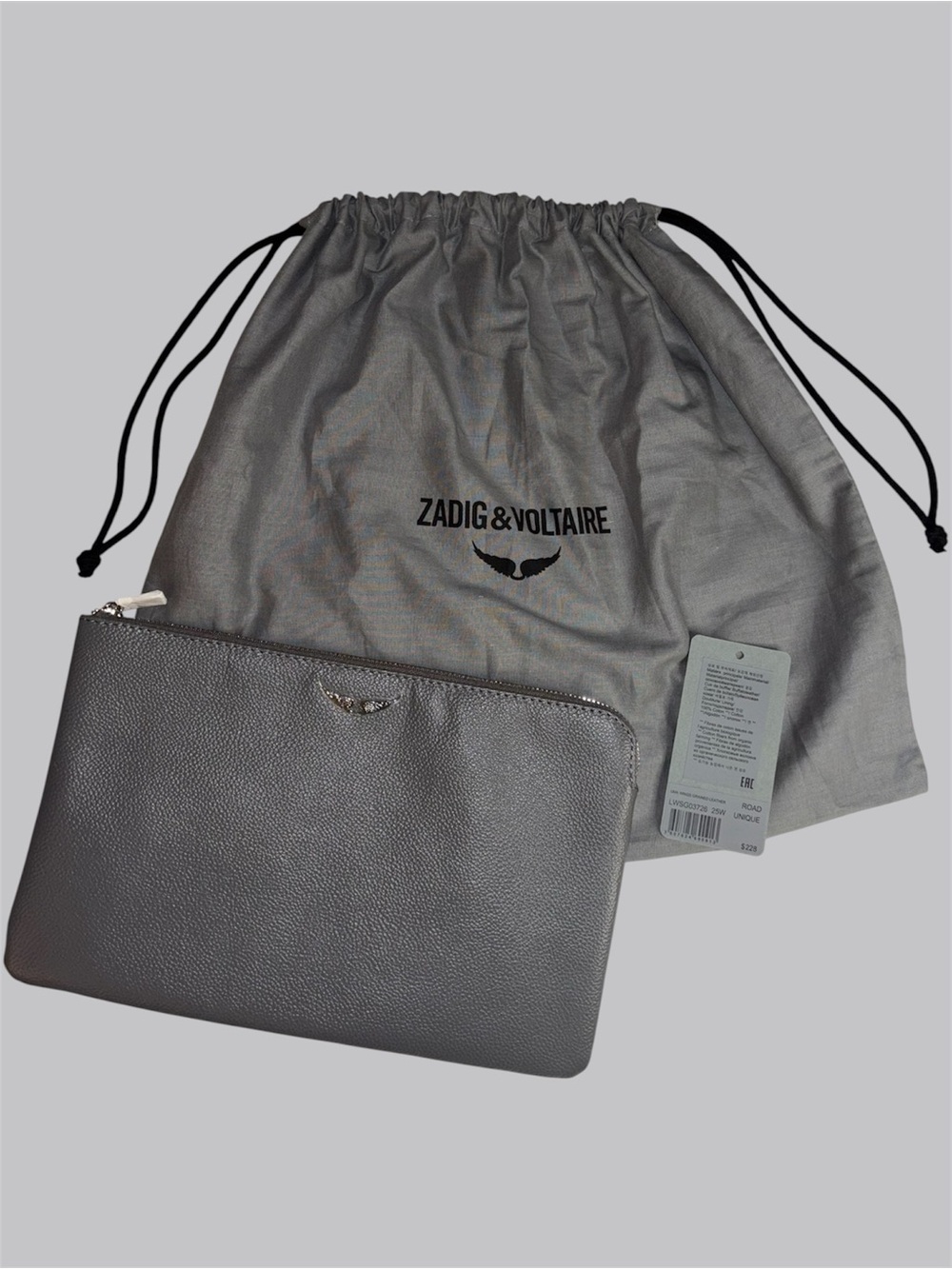 Zadig & Voltaire Uma Wings Grained Leather Clutch Pouch in Road Grey